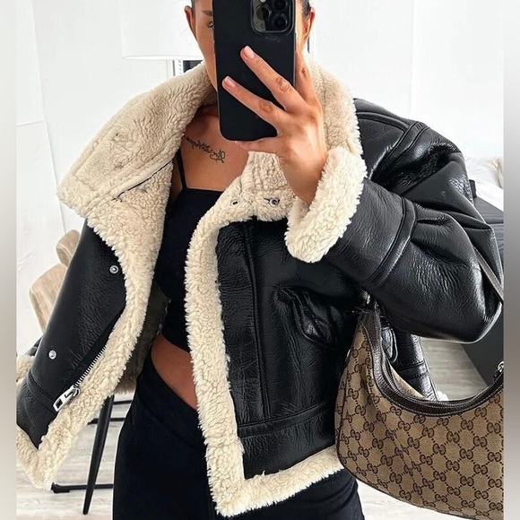 Leather jacket coat shearling faux buckle belt black cream - Picture 8 of 9